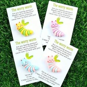 Worry cards with resin worm design- Colorful Worry Worm Set - 4pcs-